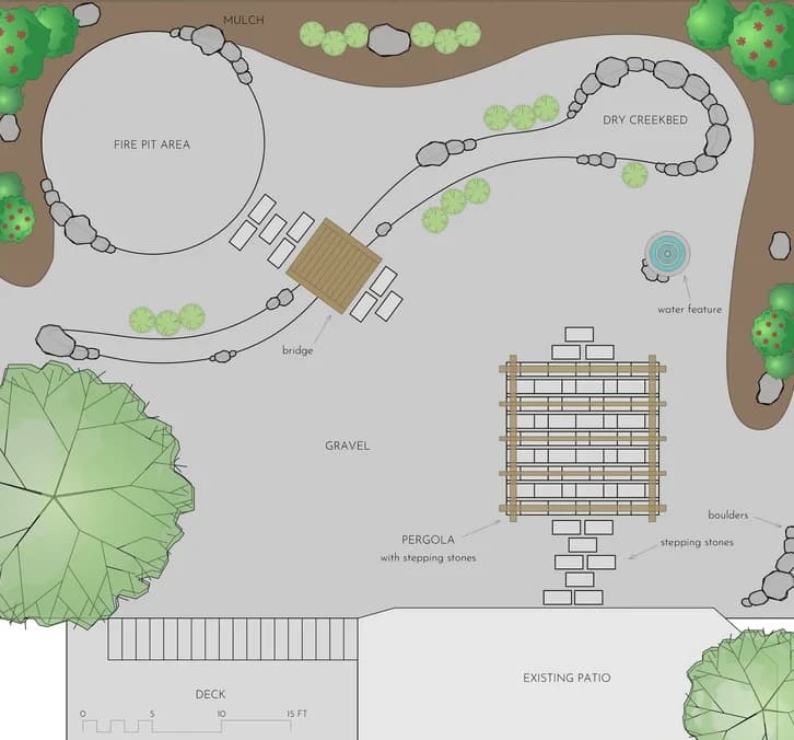 Landscape design plan for Francis Place featuring fire pit area, dry creekbed, pergola and water feature